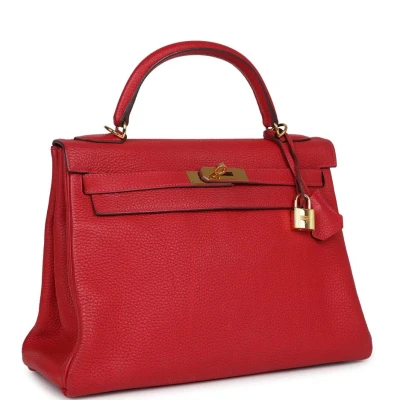 Hermes Kelly Retourne 32 Vermillion Clemence Gold Hardware Hermes Kelly Retourne 32 Vermillion Clemence Gold Hardware