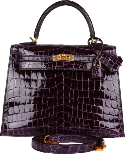 Hermes Kelly Sellier 25 Aubergine Shiny Niloticus Crocodile Gold Hardware Hermes Kelly Sellier 25 Aubergine Shiny Niloticus Crocodile Gold Hardware
