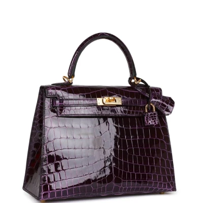 Hermes Kelly Sellier 25 Aubergine Shiny Niloticus Crocodile Gold Hardware Hermes Kelly Sellier 25 Aubergine Shiny Niloticus Crocodile Gold Hardware