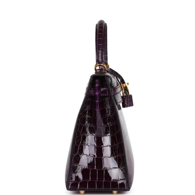 Hermes Kelly Sellier 25 Aubergine Shiny Niloticus Crocodile Gold Hardware Hermes Kelly Sellier 25 Aubergine Shiny Niloticus Crocodile Gold Hardware