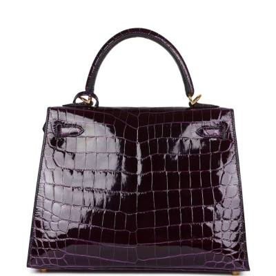 Hermes Kelly Sellier 25 Aubergine Shiny Niloticus Crocodile Gold Hardware Hermes Kelly Sellier 25 Aubergine Shiny Niloticus Crocodile Gold Hardware