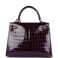 Hermes Kelly Sellier 25 Aubergine Shiny Niloticus Crocodile Gold Hardware Hermes Kelly Sellier 25 Aubergine Shiny Niloticus Crocodile Gold Hardware