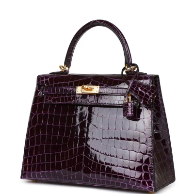 Hermes Kelly Sellier 25 Aubergine Shiny Niloticus Crocodile Gold Hardware Hermes Kelly Sellier 25 Aubergine Shiny Niloticus Crocodile Gold Hardware
