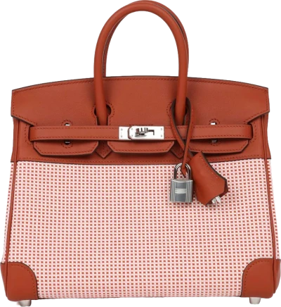 Hermes Quadrille Birkin 25 Sanguine Swift and Toile Palladium Hardware Hermes Quadrille Birkin 25 Sanguine Swift and Toile Palladium Hardware
