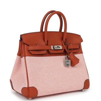 Hermes Quadrille Birkin 25 Sanguine Swift and Toile Palladium Hardware Hermes Quadrille Birkin 25 Sanguine Swift and Toile Palladium Hardware