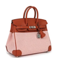 Hermes Quadrille Birkin 25 Sanguine Swift and Toile Palladium Hardware Hermes Quadrille Birkin 25 Sanguine Swift and Toile Palladium Hardware
