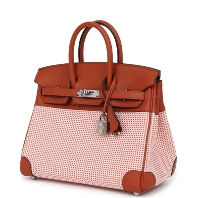 Hermes Quadrille Birkin 25 Sanguine Swift and Toile Palladium Hardware Hermes Quadrille Birkin 25 Sanguine Swift and Toile Palladium Hardware