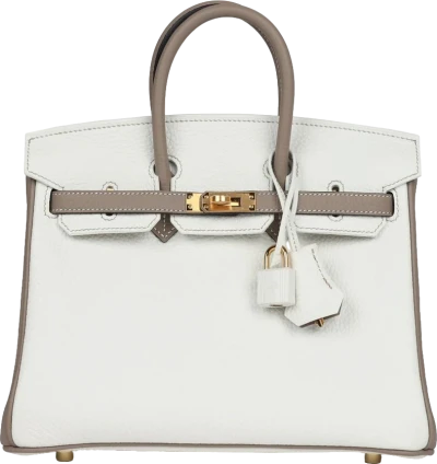 Hermes Special Order (HSS) Birkin 25 White and Gris Tourterelle Clemence Gold Hardware Hermes Special Order (HSS) Birkin 25 White and Gris Tourterelle Clemence Gold Hardware