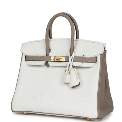 Hermes Special Order (HSS) Birkin 25 White and Gris Tourterelle Clemence Gold Hardware Hermes Special Order (HSS) Birkin 25 White and Gris Tourterelle Clemence Gold Hardware