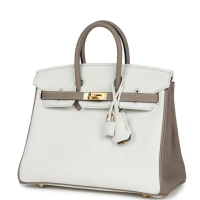 Hermes Special Order (HSS) Birkin 25 White and Gris Tourterelle Clemence Gold Hardware Hermes Special Order (HSS) Birkin 25 White and Gris Tourterelle Clemence Gold Hardware