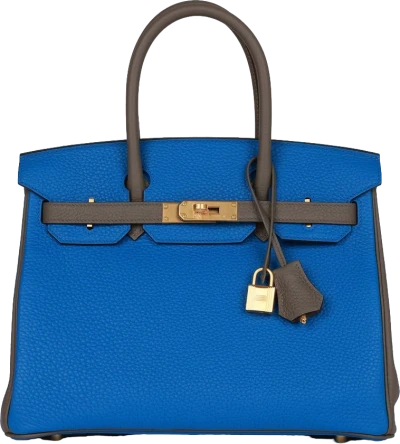Hermes Special Order (HSS) Birkin 30 Bleu Electric and Etain Clemence Brushed Gold Hardware Hermes Special Order (HSS) Birkin 30 Bleu Electric and Etain Clemence Brushed Gold Hardware