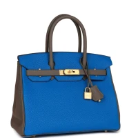 Hermes Special Order (HSS) Birkin 30 Bleu Electric and Etain Clemence Brushed Gold Hardware Hermes Special Order (HSS) Birkin 30 Bleu Electric and Etain Clemence Brushed Gold Hardware
