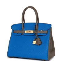 Hermes Special Order (HSS) Birkin 30 Bleu Electric and Etain Clemence Brushed Gold Hardware Hermes Special Order (HSS) Birkin 30 Bleu Electric and Etain Clemence Brushed Gold Hardware