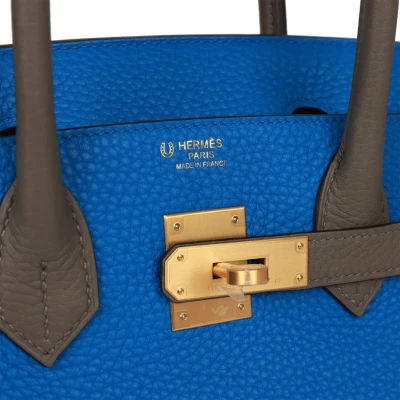 Hermes Special Order (HSS) Birkin 30 Bleu Electric and Etain Clemence Brushed Gold Hardware Hermes Special Order (HSS) Birkin 30 Bleu Electric and Etain Clemence Brushed Gold Hardware