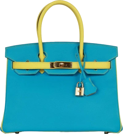 Hermes Special Order (HSS) Birkin 30 Bleu Turquoise and Lime Chevre Gold Hardware Hermes Special Order (HSS) Birkin 30 Bleu Turquoise and Lime Chevre Gold Hardware
