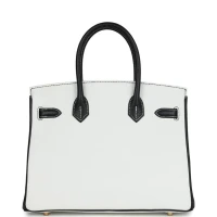 Hermes Special Order (HSS) Birkin 30 White and Black Clemence Brushed Gold Hardware