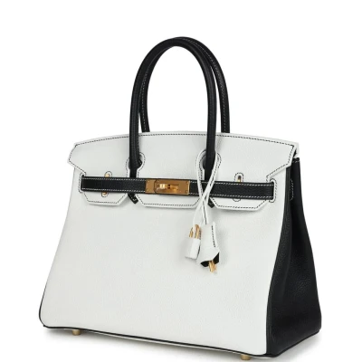 Hermes Special Order (HSS) Birkin 30 White and Black Clemence Brushed Gold Hardware