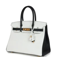 Hermes Special Order (HSS) Birkin 30 White and Black Clemence Brushed Gold Hardware