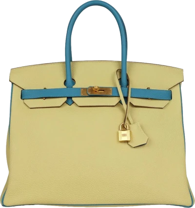 Hermes Special Order (HSS) Birkin 35 Jaune Poussin and Bleu Paradise Togo Brushed Gold Hardware Hermes Special Order (HSS) Birkin 35 Jaune Poussin and Bleu Paradise Togo Brushed Gold Hardware