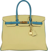 Hermes Special Order (HSS) Birkin 35 Jaune Poussin and Bleu Paradise Togo Brushed Gold Hardware Hermes Special Order (HSS) Birkin 35 Jaune Poussin and Bleu Paradise Togo Brushed Gold Hardware