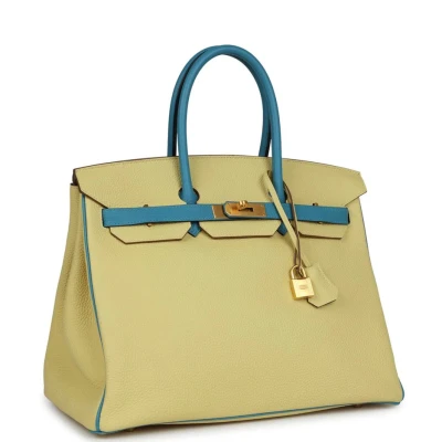 Hermes Special Order (HSS) Birkin 35 Jaune Poussin and Bleu Paradise Togo Brushed Gold Hardware Hermes Special Order (HSS) Birkin 35 Jaune Poussin and Bleu Paradise Togo Brushed Gold Hardware