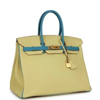 Hermes Special Order (HSS) Birkin 35 Jaune Poussin and Bleu Paradise Togo Brushed Gold Hardware Hermes Special Order (HSS) Birkin 35 Jaune Poussin and Bleu Paradise Togo Brushed Gold Hardware