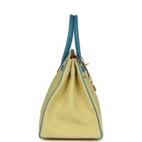 Hermes Special Order (HSS) Birkin 35 Jaune Poussin and Bleu Paradise Togo Brushed Gold Hardware Hermes Special Order (HSS) Birkin 35 Jaune Poussin and Bleu Paradise Togo Brushed Gold Hardware