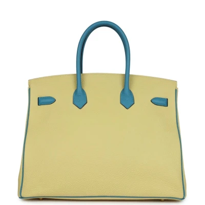 Hermes Special Order (HSS) Birkin 35 Jaune Poussin and Bleu Paradise Togo Brushed Gold Hardware Hermes Special Order (HSS) Birkin 35 Jaune Poussin and Bleu Paradise Togo Brushed Gold Hardware