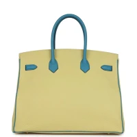 Hermes Special Order (HSS) Birkin 35 Jaune Poussin and Bleu Paradise Togo Brushed Gold Hardware Hermes Special Order (HSS) Birkin 35 Jaune Poussin and Bleu Paradise Togo Brushed Gold Hardware