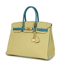 Hermes Special Order (HSS) Birkin 35 Jaune Poussin and Bleu Paradise Togo Brushed Gold Hardware Hermes Special Order (HSS) Birkin 35 Jaune Poussin and Bleu Paradise Togo Brushed Gold Hardware