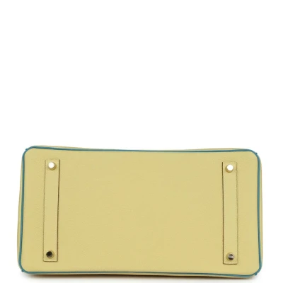 Hermes Special Order (HSS) Birkin 35 Jaune Poussin and Bleu Paradise Togo Brushed Gold Hardware Hermes Special Order (HSS) Birkin 35 Jaune Poussin and Bleu Paradise Togo Brushed Gold Hardware