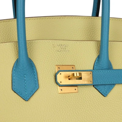 Hermes Special Order (HSS) Birkin 35 Jaune Poussin and Bleu Paradise Togo Brushed Gold Hardware Hermes Special Order (HSS) Birkin 35 Jaune Poussin and Bleu Paradise Togo Brushed Gold Hardware