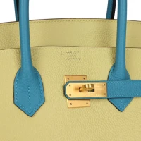 Hermes Special Order (HSS) Birkin 35 Jaune Poussin and Bleu Paradise Togo Brushed Gold Hardware Hermes Special Order (HSS) Birkin 35 Jaune Poussin and Bleu Paradise Togo Brushed Gold Hardware