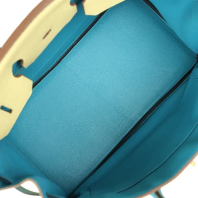 Hermes Special Order (HSS) Birkin 35 Jaune Poussin and Bleu Paradise Togo Brushed Gold Hardware Hermes Special Order (HSS) Birkin 35 Jaune Poussin and Bleu Paradise Togo Brushed Gold Hardware