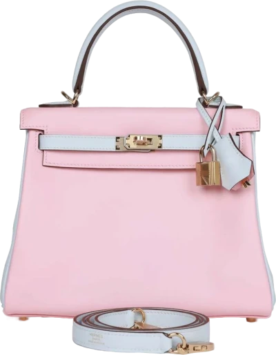 Hermes Special Order (HSS) Kelly Retourne 25 Rose Sakura and Bleu Brume Swift Permabrass Hardware Hermes Special Order (HSS) Kelly Retourne 25 Rose Sakura and Bleu Brume Swift Permabrass Hardware
