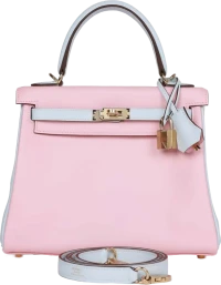 Hermes Special Order (HSS) Kelly Retourne 25 Rose Sakura and Bleu Brume Swift Permabrass Hardware Hermes Special Order (HSS) Kelly Retourne 25 Rose Sakura and Bleu Brume Swift Permabrass Hardware