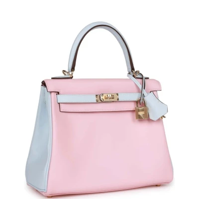 Hermes Special Order (HSS) Kelly Retourne 25 Rose Sakura and Bleu Brume Swift Permabrass Hardware Hermes Special Order (HSS) Kelly Retourne 25 Rose Sakura and Bleu Brume Swift Permabrass Hardware
