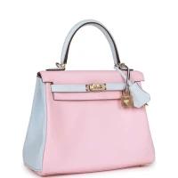 Hermes Special Order (HSS) Kelly Retourne 25 Rose Sakura and Bleu Brume Swift Permabrass Hardware Hermes Special Order (HSS) Kelly Retourne 25 Rose Sakura and Bleu Brume Swift Permabrass Hardware