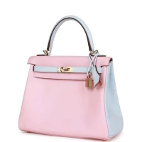 Hermes Special Order (HSS) Kelly Retourne 25 Rose Sakura and Bleu Brume Swift Permabrass Hardware Hermes Special Order (HSS) Kelly Retourne 25 Rose Sakura and Bleu Brume Swift Permabrass Hardware