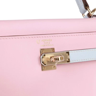 Hermes Special Order (HSS) Kelly Retourne 25 Rose Sakura and Bleu Brume Swift Permabrass Hardware Hermes Special Order (HSS) Kelly Retourne 25 Rose Sakura and Bleu Brume Swift Permabrass Hardware