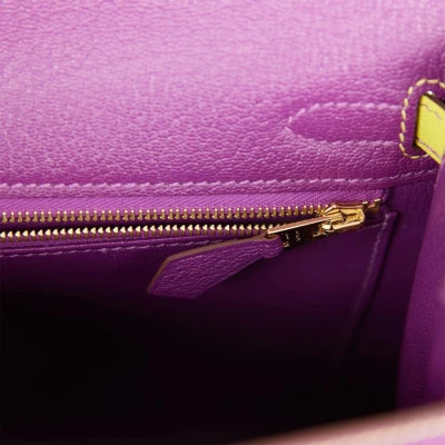Hermes Special Order (HSS) Kelly Sellier 25 Anemone and Lime Chevre Brushed Gold Hardware
