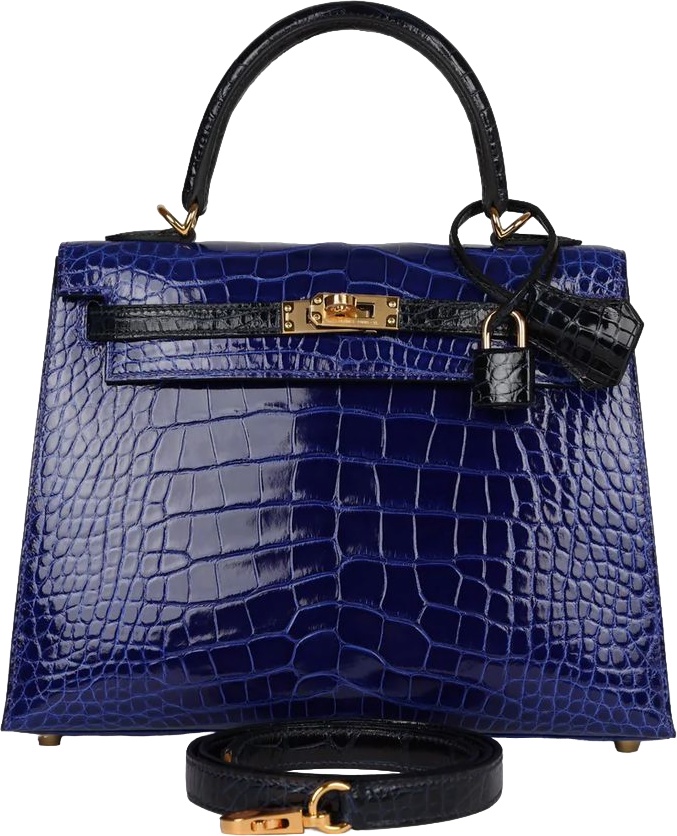 Hermes Special Order (HSS) Kelly Sellier 25 Bleu Electric and Bleu Marine Shiny Alligator Gold Hardware