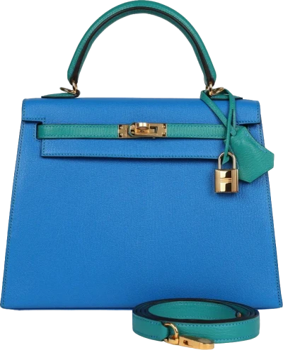 Hermes Special Order (HSS) Kelly Sellier 25 Bleu Hydra and Bleu Paon Chevre Mysore Gold Hardware Hermes Special Order (HSS) Kelly Sellier 25 Bleu Hydra and Bleu Paon Chevre Mysore Gold Hardware