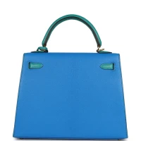 Hermes Special Order (HSS) Kelly Sellier 25 Bleu Hydra and Bleu Paon Chevre Mysore Gold Hardware Hermes Special Order (HSS) Kelly Sellier 25 Bleu Hydra and Bleu Paon Chevre Mysore Gold Hardware