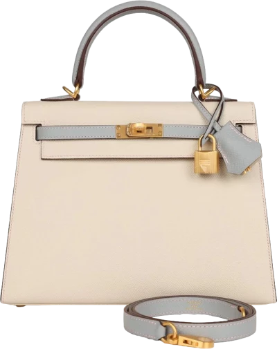Hermes Special Order (HSS) Kelly Sellier 25 Craie and Bleu Glacier Epsom Brushed Gold Hardware Hermes Special Order (HSS) Kelly Sellier 25 Craie and Bleu Glacier Epsom Brushed Gold Hardware