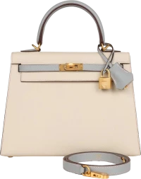 Hermes Special Order (HSS) Kelly Sellier 25 Craie and Bleu Glacier Epsom Brushed Gold Hardware Hermes Special Order (HSS) Kelly Sellier 25 Craie and Bleu Glacier Epsom Brushed Gold Hardware