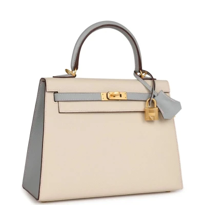 Hermes Special Order (HSS) Kelly Sellier 25 Craie and Bleu Glacier Epsom Brushed Gold Hardware Hermes Special Order (HSS) Kelly Sellier 25 Craie and Bleu Glacier Epsom Brushed Gold Hardware