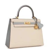 Hermes Special Order (HSS) Kelly Sellier 25 Craie and Bleu Glacier Epsom Brushed Gold Hardware Hermes Special Order (HSS) Kelly Sellier 25 Craie and Bleu Glacier Epsom Brushed Gold Hardware