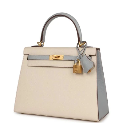 Hermes Special Order (HSS) Kelly Sellier 25 Craie and Bleu Glacier Epsom Brushed Gold Hardware Hermes Special Order (HSS) Kelly Sellier 25 Craie and Bleu Glacier Epsom Brushed Gold Hardware