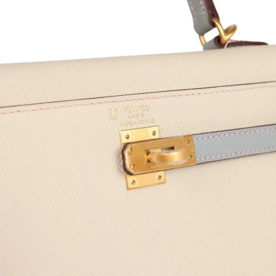 Hermes Special Order (HSS) Kelly Sellier 25 Craie and Bleu Glacier Epsom Brushed Gold Hardware Hermes Special Order (HSS) Kelly Sellier 25 Craie and Bleu Glacier Epsom Brushed Gold Hardware